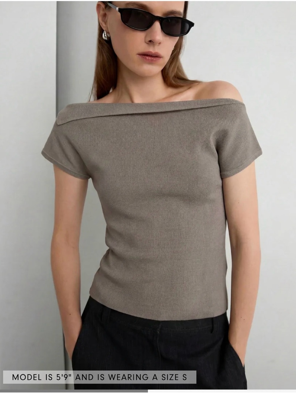 OAK + FORT asymmetrical Off-the-Shoulder cap Sleeve Top - Taupe